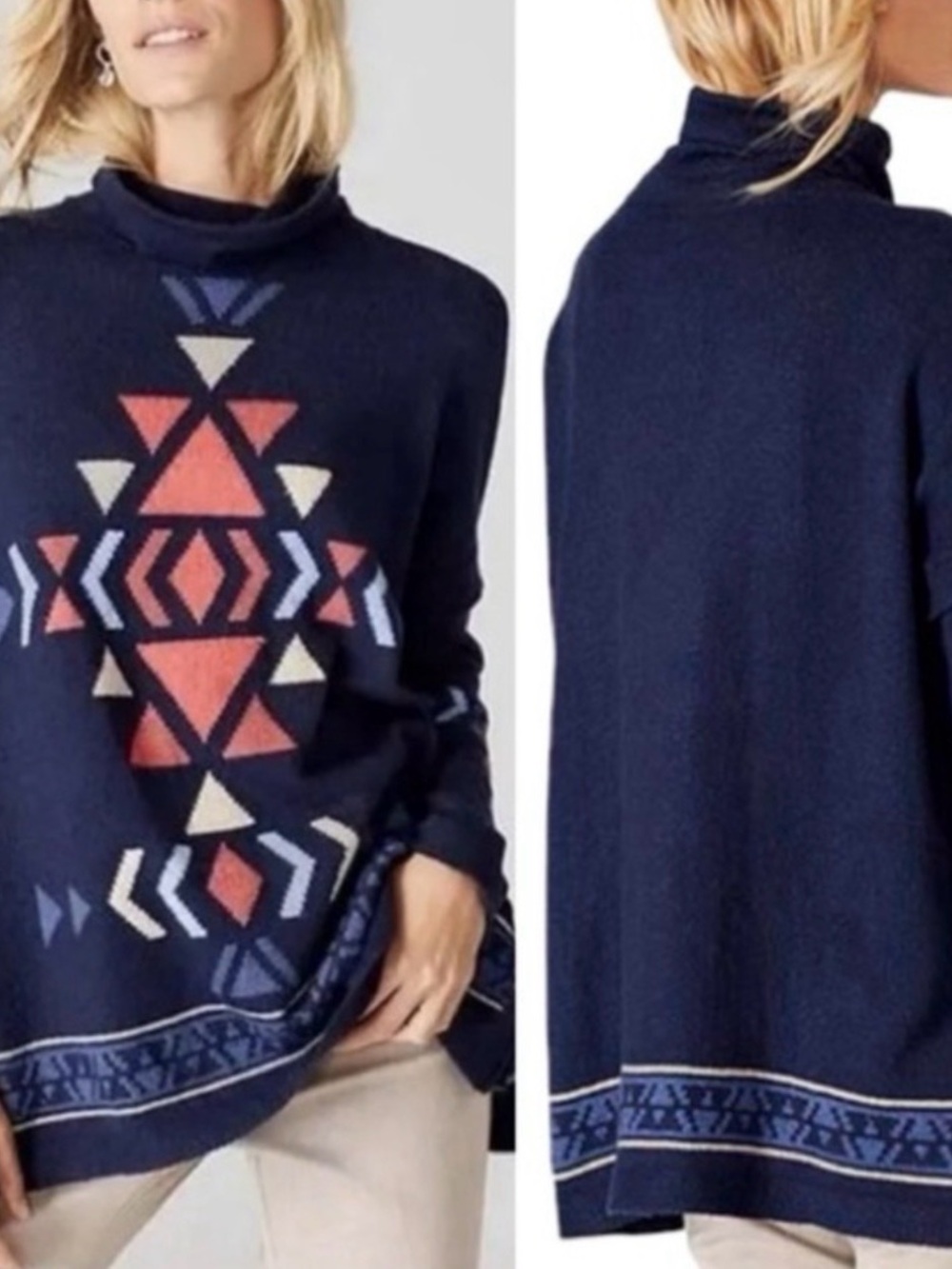 J. Jill Navy Aztec-Style Turtleneck Poncho Sweater with Coral & Cream Sz LP NWT